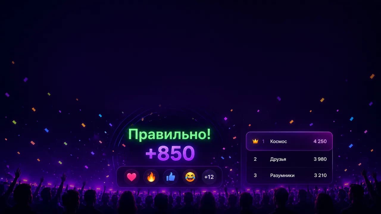 На экране — «Правильно! +850», очки и лидерборд